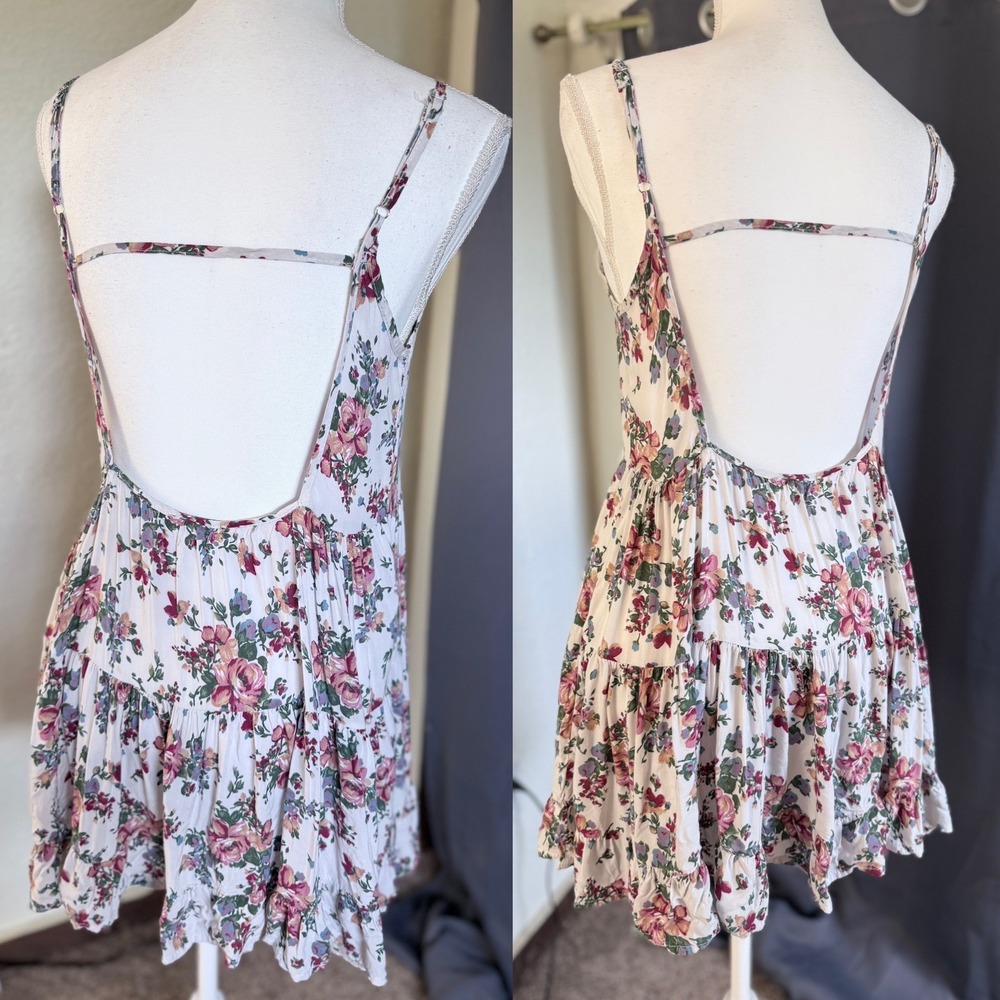 Brandy Melville Floral Mini Dress Small Cream Pink Rose Open Back Tiered - Picture 4 of 6
